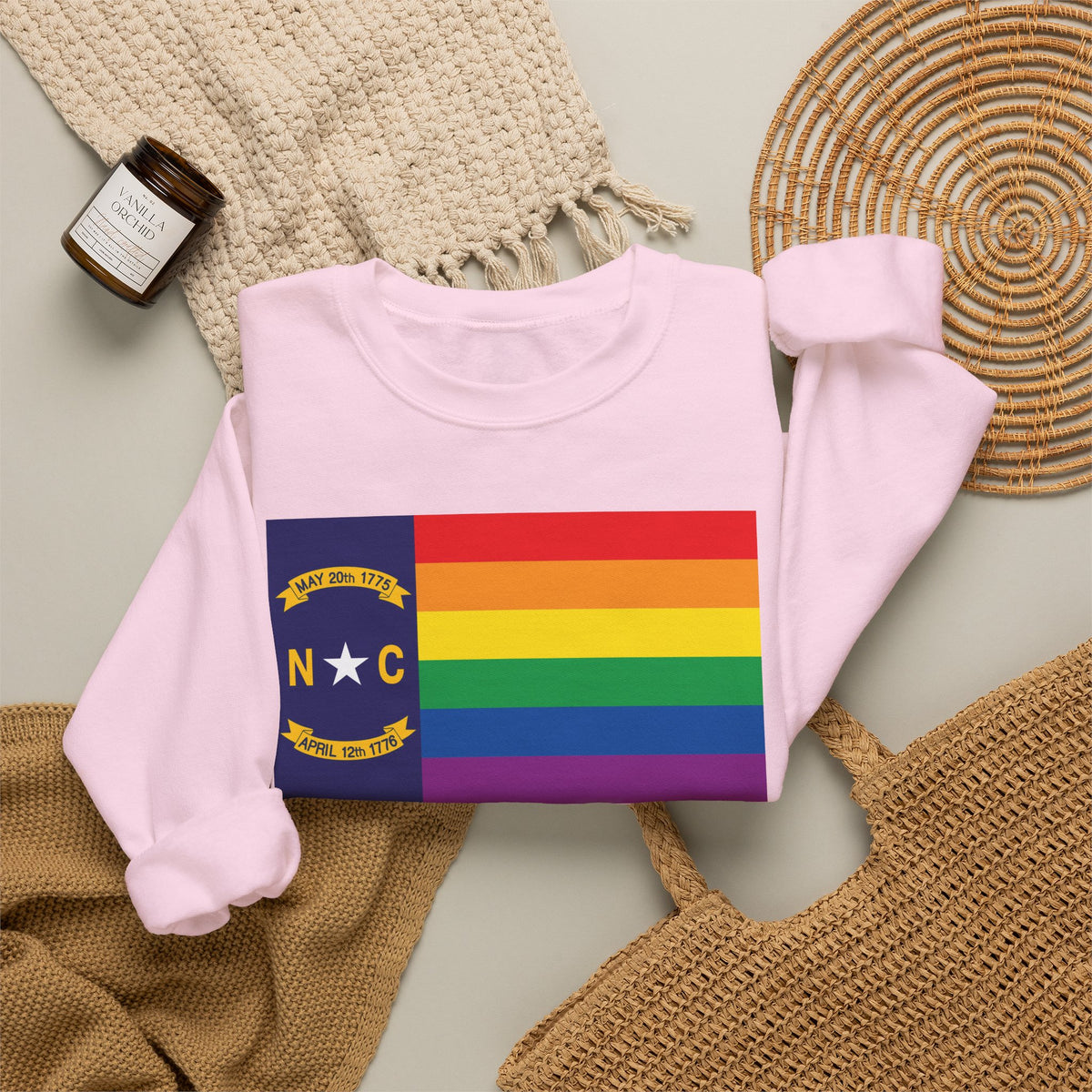 North Carolina Rainbow Pride Flag Unisex Crewneck Sweatshirt, White, Black or Light Pink