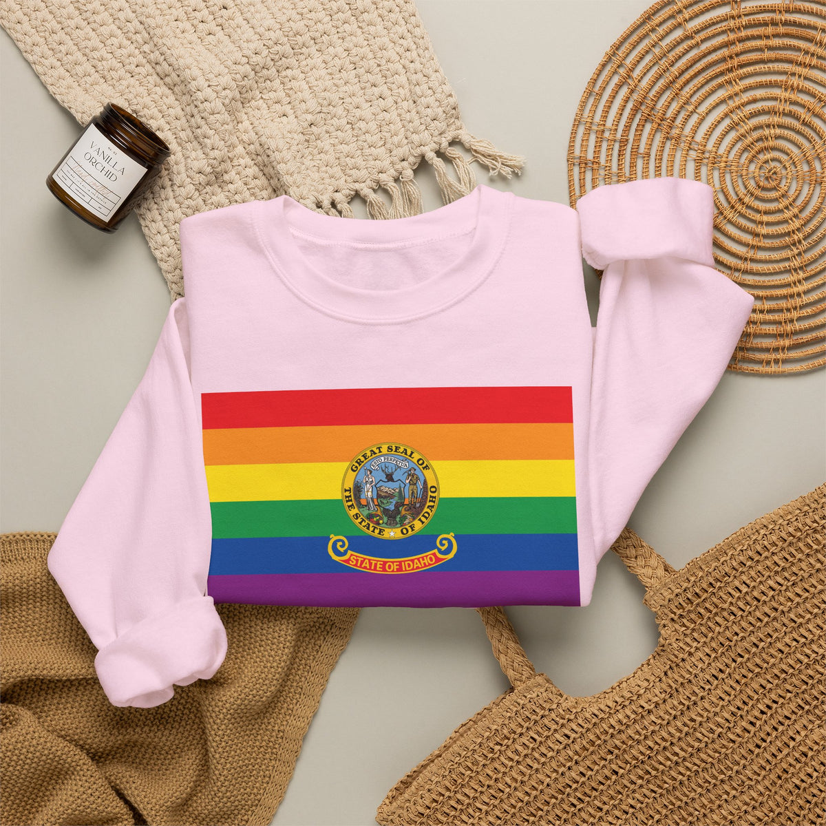 Idaho Rainbow Pride Flag Unisex Crewneck Sweatshirt, White, Black or Light Pink