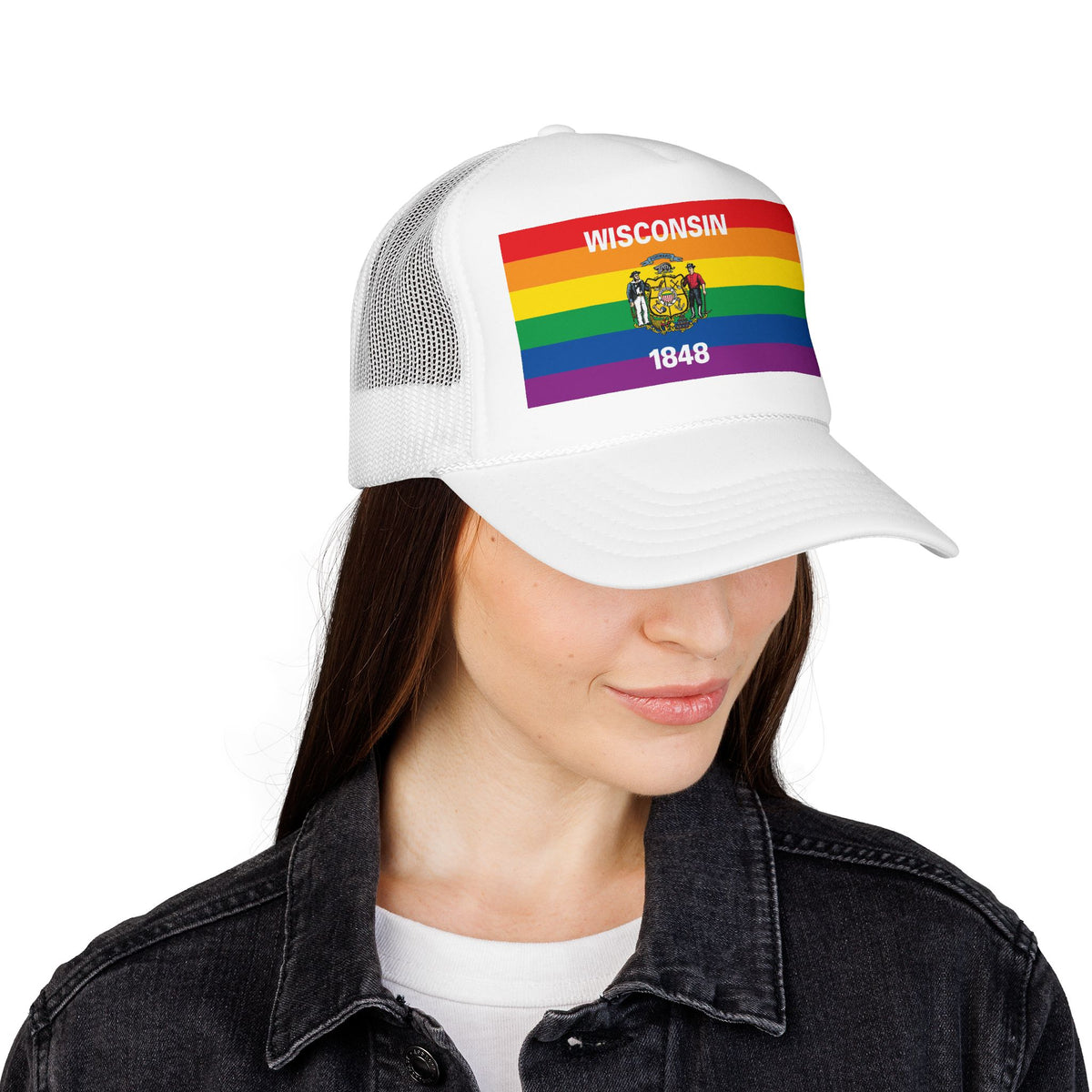 Wisconsin Rainbow Pride Flag "UNITED" Printed Foam Trucker Hat, Several Color Options