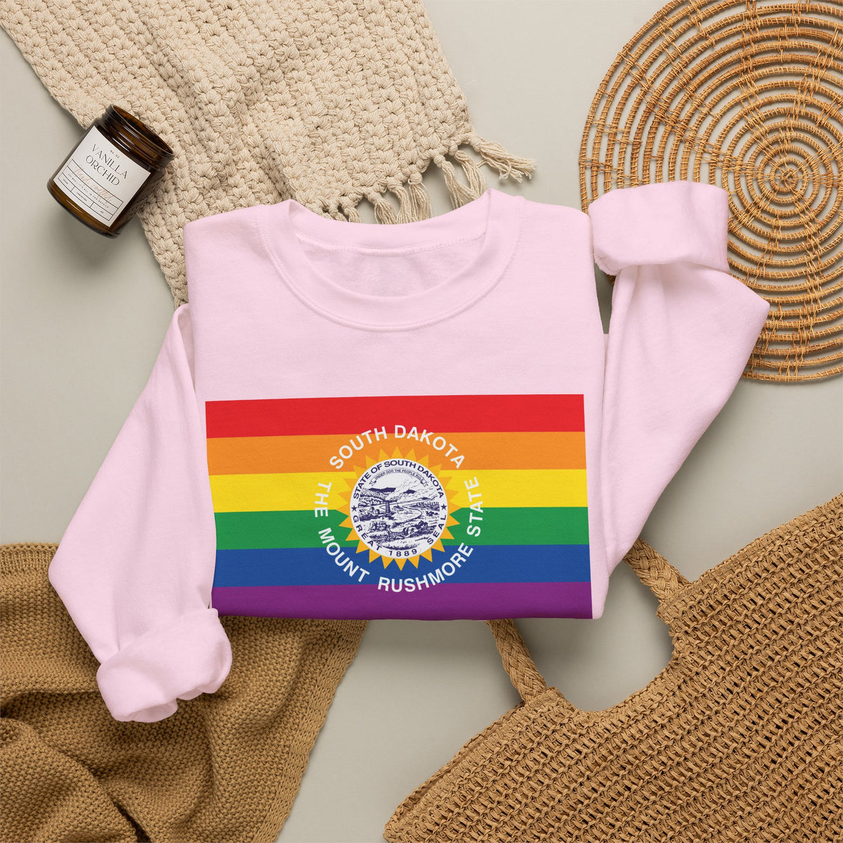 South Dakota Rainbow Pride Flag Unisex Crewneck Sweatshirt, White, Black or Light Pink