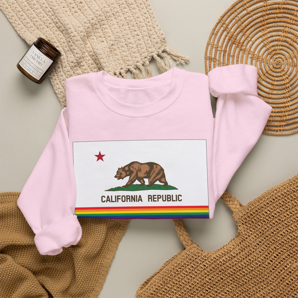 California Rainbow Pride Flag Unisex Crewneck Sweatshirt, White, Black or Light Pink