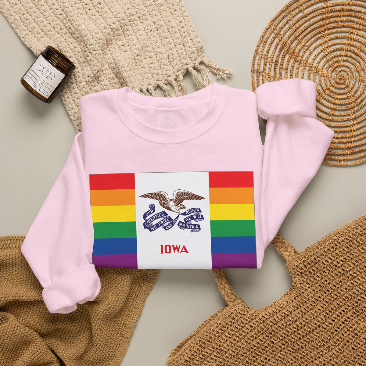 Iowa Rainbow Pride Flag Unisex Crewneck Sweatshirt, White, Black or Light Pink