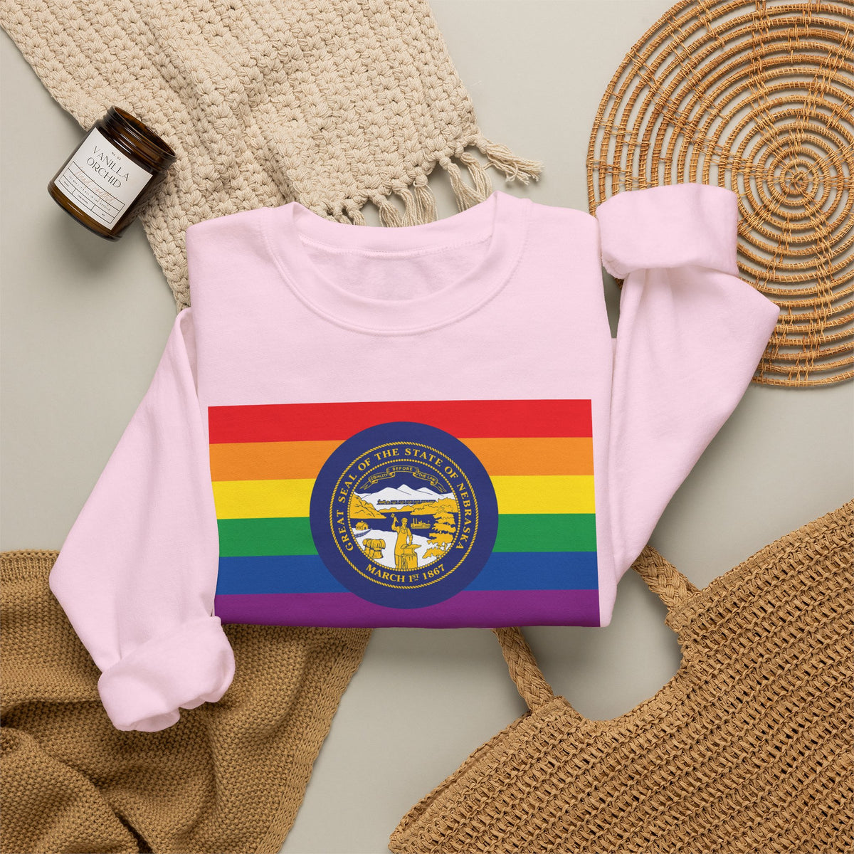 Nebraska Rainbow Pride Flag Unisex Crewneck Sweatshirt, White, Black or Light Pink