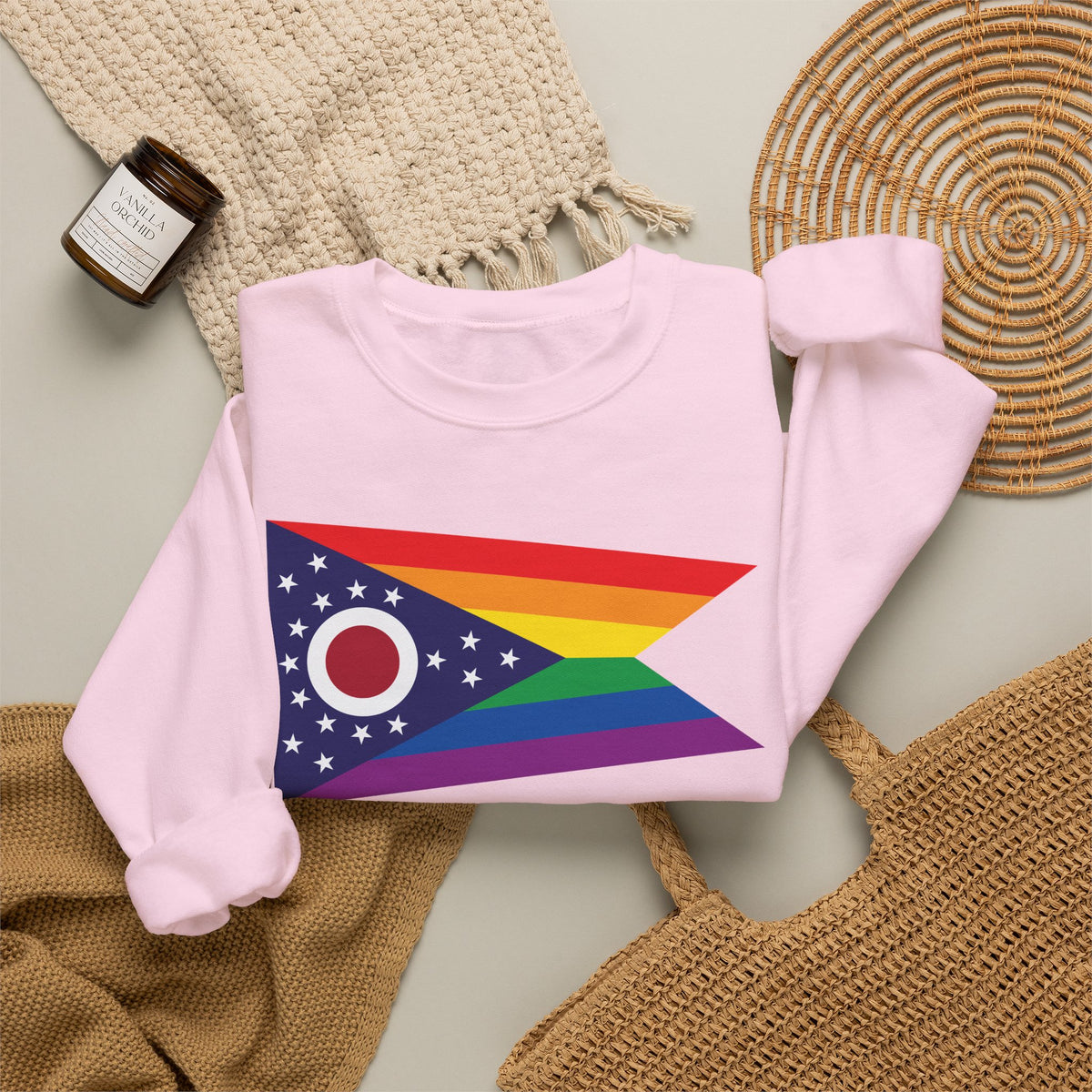 Ohio Rainbow Pride Flag Unisex Crewneck Sweatshirt, White, Black or Light Pink