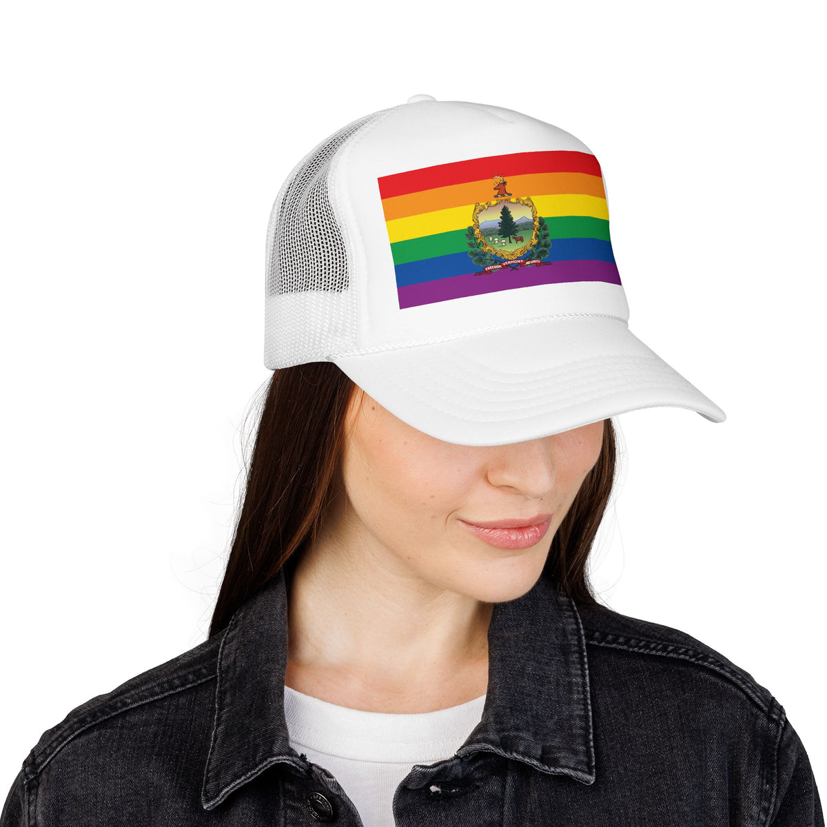Vermont Rainbow Pride Flag "UNITED" Printed Foam Trucker Hat, Several Color Options