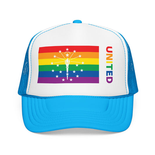 Indiana Rainbow Pride Flag "UNITED" Printed Foam Trucker Hat, Several Color Options
