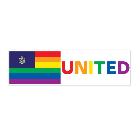 Maine Rainbow Pride Flag "UNITED" Bumper Sticker