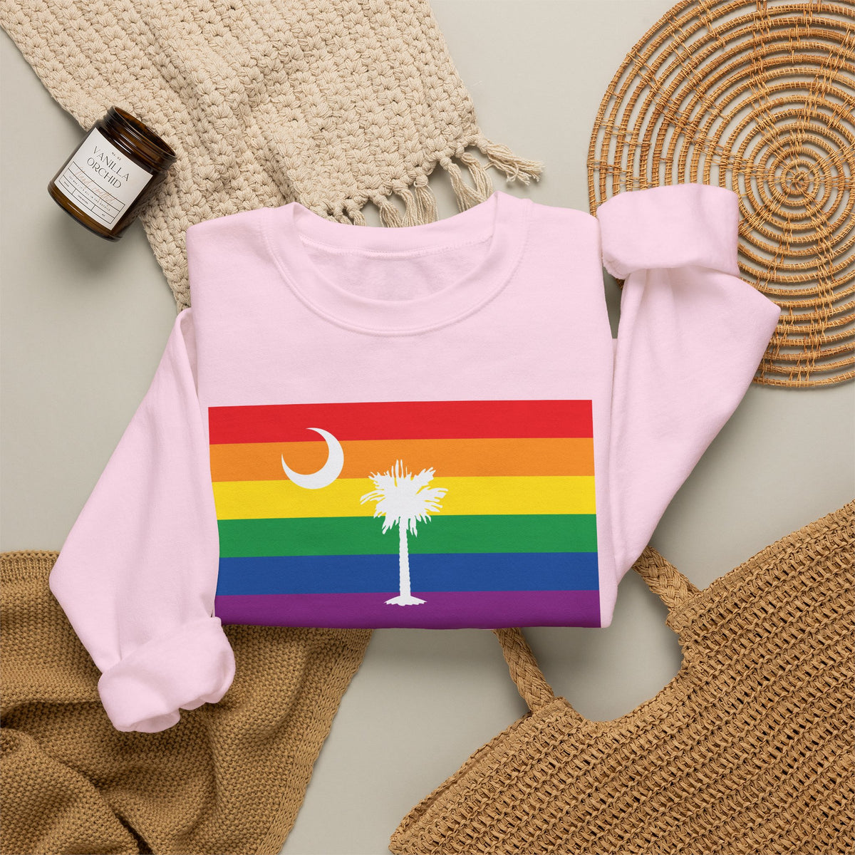 South Carolina Rainbow Pride Flag Unisex Crewneck Sweatshirt, White, Black or Light Pink