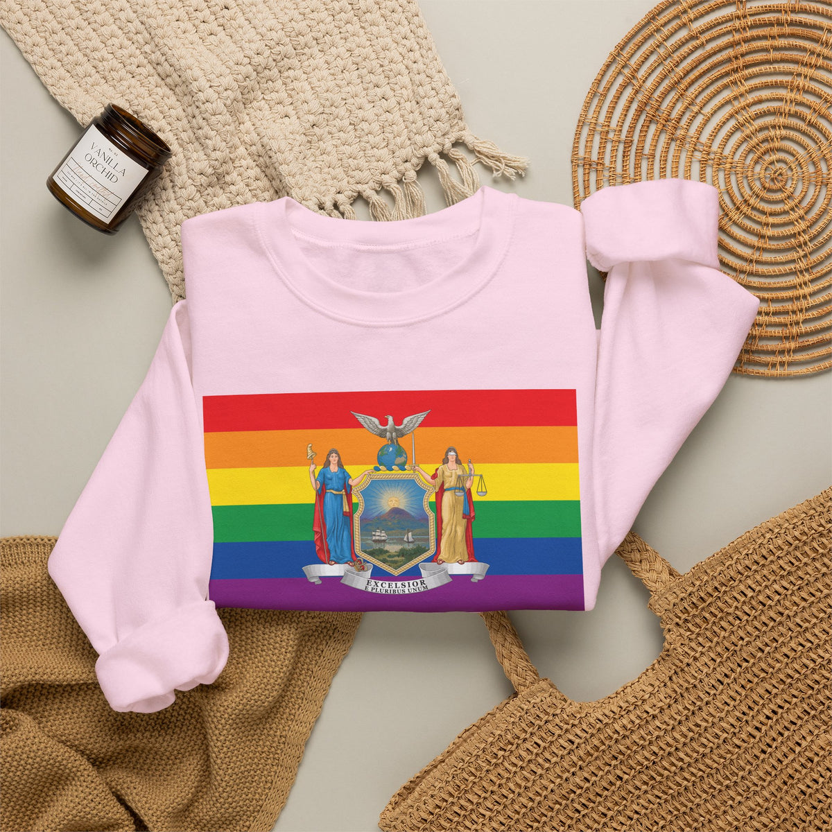 New York Rainbow Pride Flag Unisex Crewneck Sweatshirt, White, Black or Light Pink