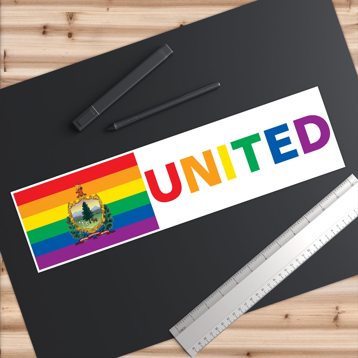 Vermont Rainbow Pride Flag "UNITED" Bumper Sticker
