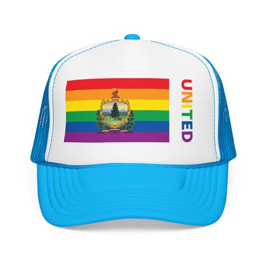 Vermont Rainbow Pride Flag "UNITED" Printed Foam Trucker Hat, Several Color Options