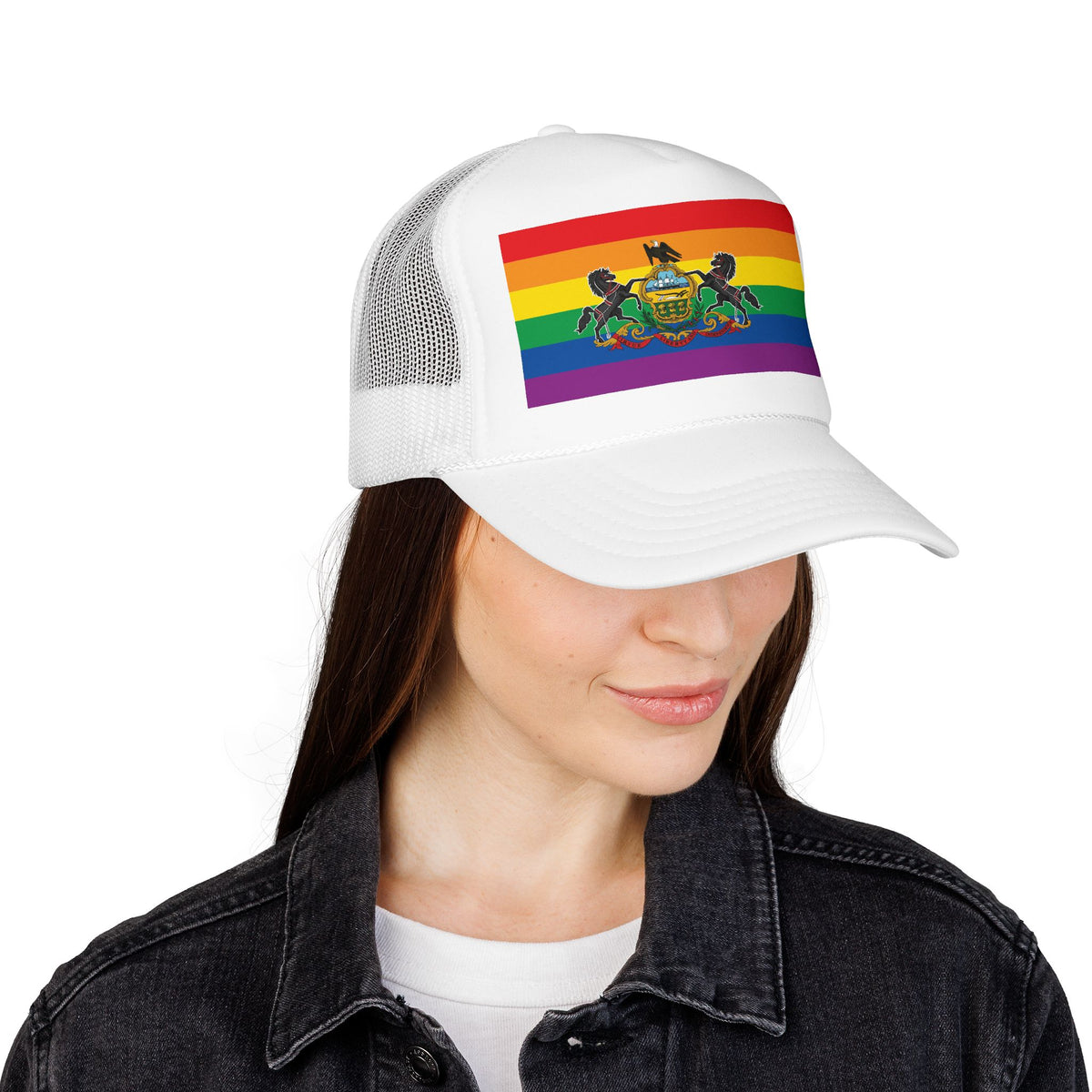 Pennsylvania Rainbow Pride Flag "UNITED" Printed Foam Trucker Hat, Several Color Options