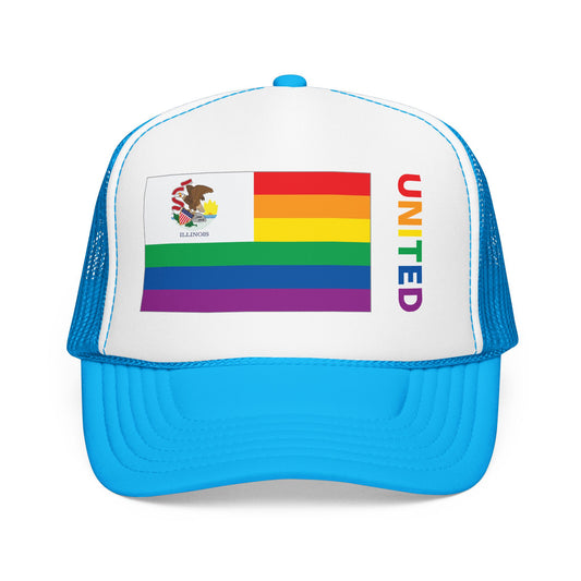 Illinois Rainbow Pride Flag "UNITED" Printed Foam Trucker Hat, Several Color Options
