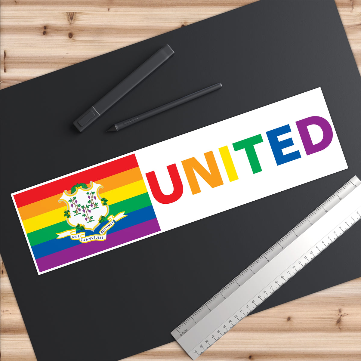 Connecticut Rainbow Pride Flag "UNITED" Bumper Sticker