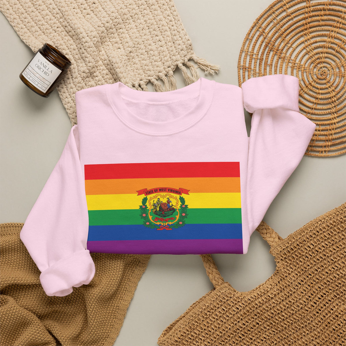 West Virginia Rainbow Pride Flag Unisex Crewneck Sweatshirt, White, Black or Light Pink