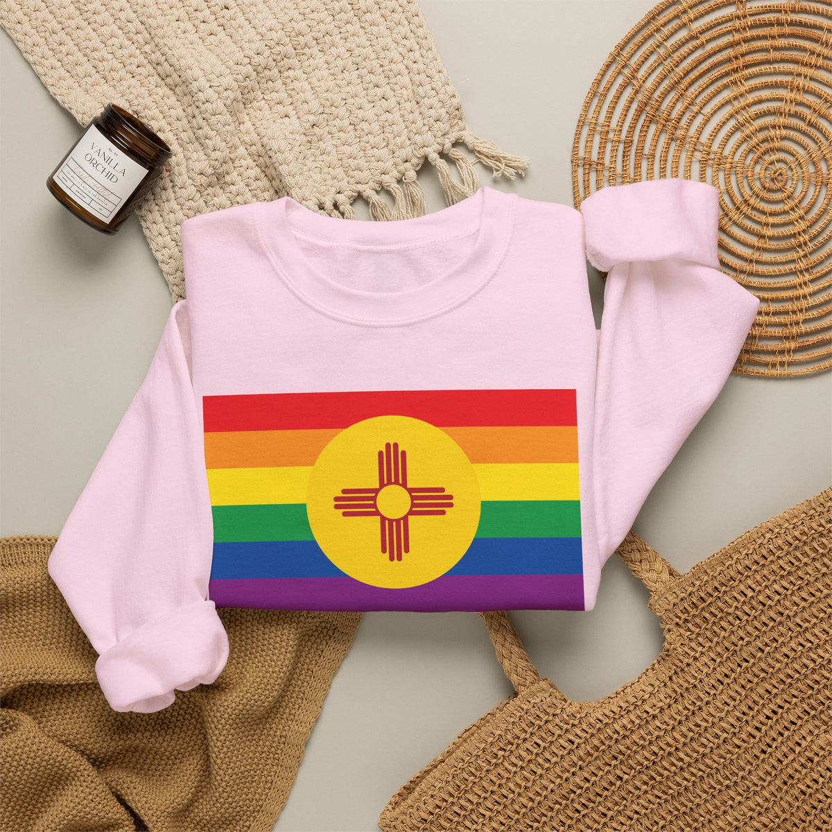 New Mexico Rainbow Pride Flag Unisex Crewneck Sweatshirt, White, Black or Light Pink