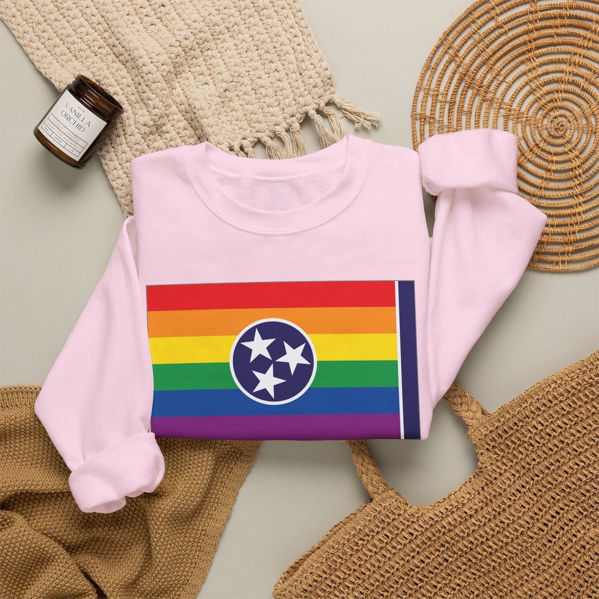 Tennessee Rainbow Pride Flag Unisex Crewneck Sweatshirt, White, Black or Light Pink