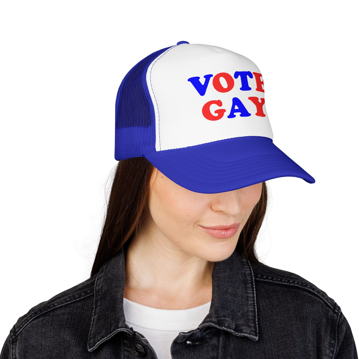 VOTE GAY Trucker Cap: Red, White & Blue, LGBTQIA+ Rights & Equality Statement Hat