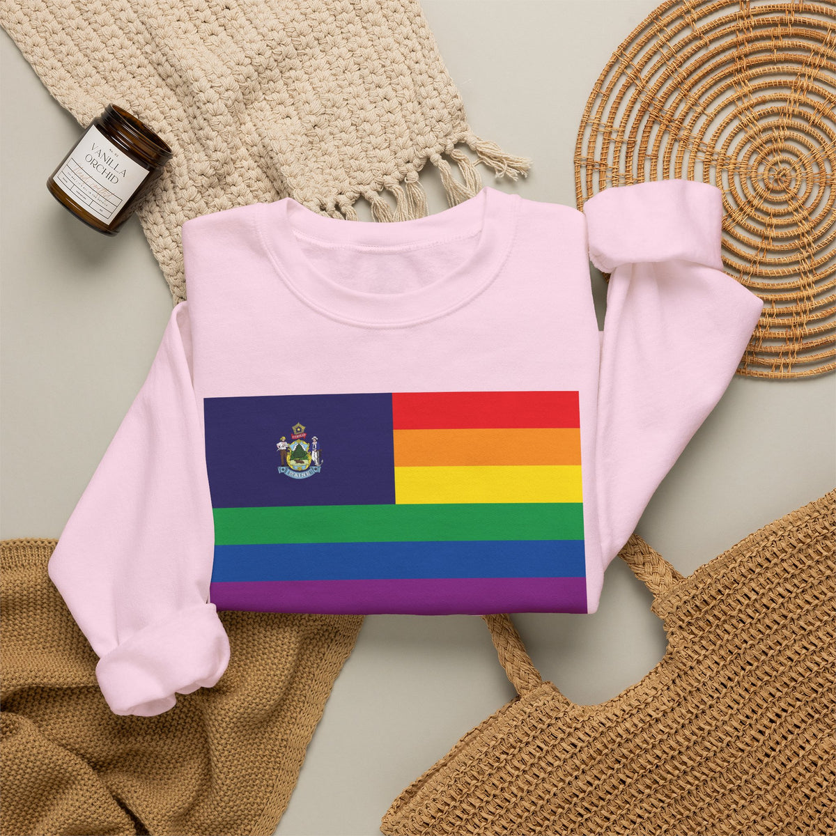 Maine Rainbow Pride Flag Unisex Crewneck Sweatshirt, White, Black or Light Pink