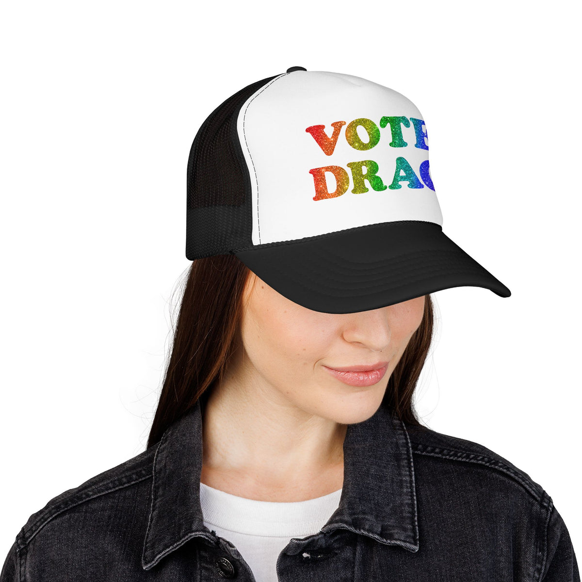VOTE DRAG Trucker Cap: Rainbow Glitter, Drag Visibility & Creative Freedom Statement Hat