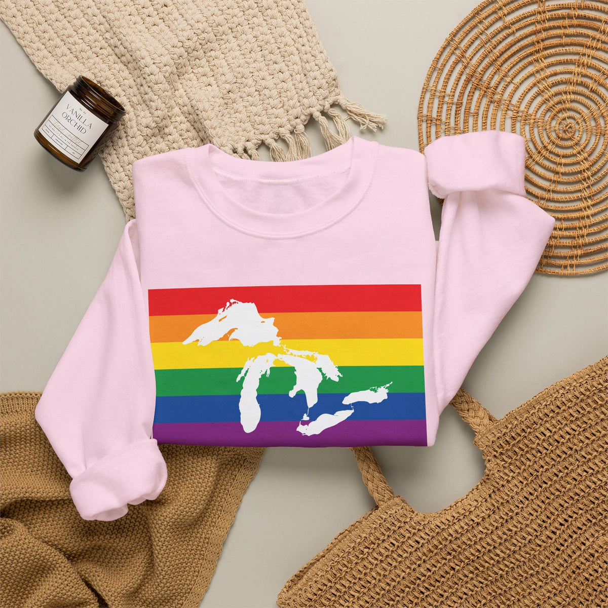 Great Lakes Region Rainbow Pride Flag Unisex Crewneck Sweatshirt, White, Black or Light Pink