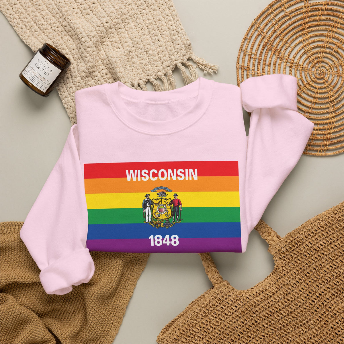 Wisconsin Rainbow Pride Flag Unisex Crewneck Sweatshirt, White, Black or Light Pink