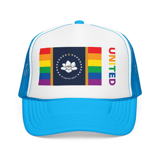 Mississippi Rainbow Pride Flag "UNITED" Printed Foam Trucker Hat, Several Color Options