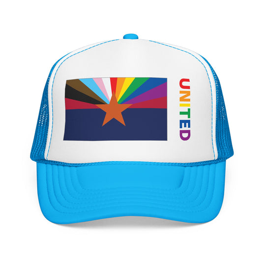 Arizona Rainbow Pride Flag "UNITED" Printed Foam Trucker Hat, Several Color Options