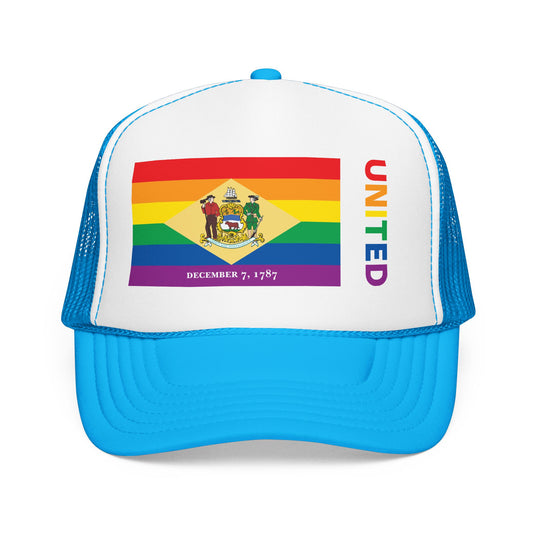 Delaware Rainbow Pride Flag "UNITED" Printed Foam Trucker Hat, Several Color Options