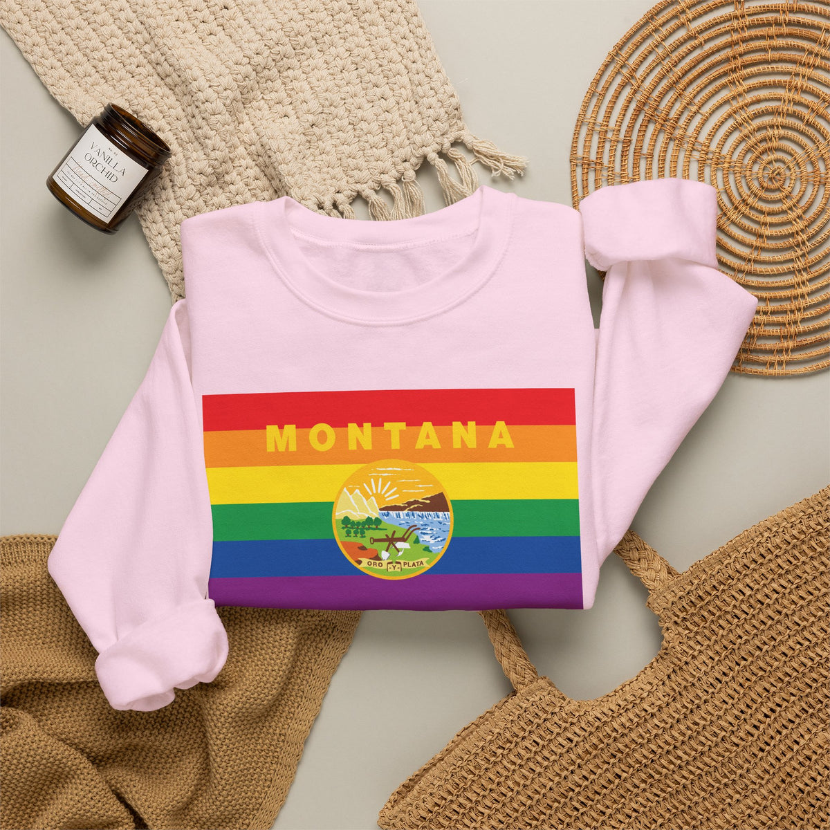 Montana Rainbow Pride Flag Unisex Crewneck Sweatshirt, White, Black or Light Pink