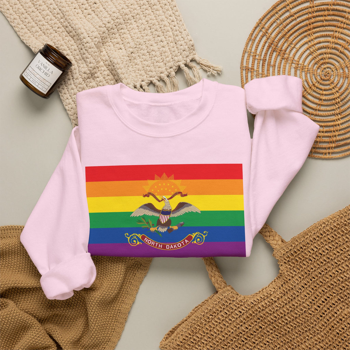 North Dakota Rainbow Pride Flag Unisex Crewneck Sweatshirt, White, Black or Light Pink