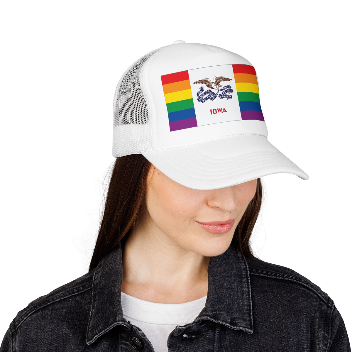 Iowa Rainbow Pride Flag "UNITED" Printed Foam Trucker Hat, Several Color Options