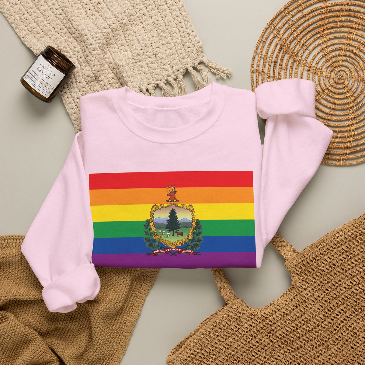 Vermont Rainbow Pride Flag Unisex Crewneck Sweatshirt, White, Black or Light Pink
