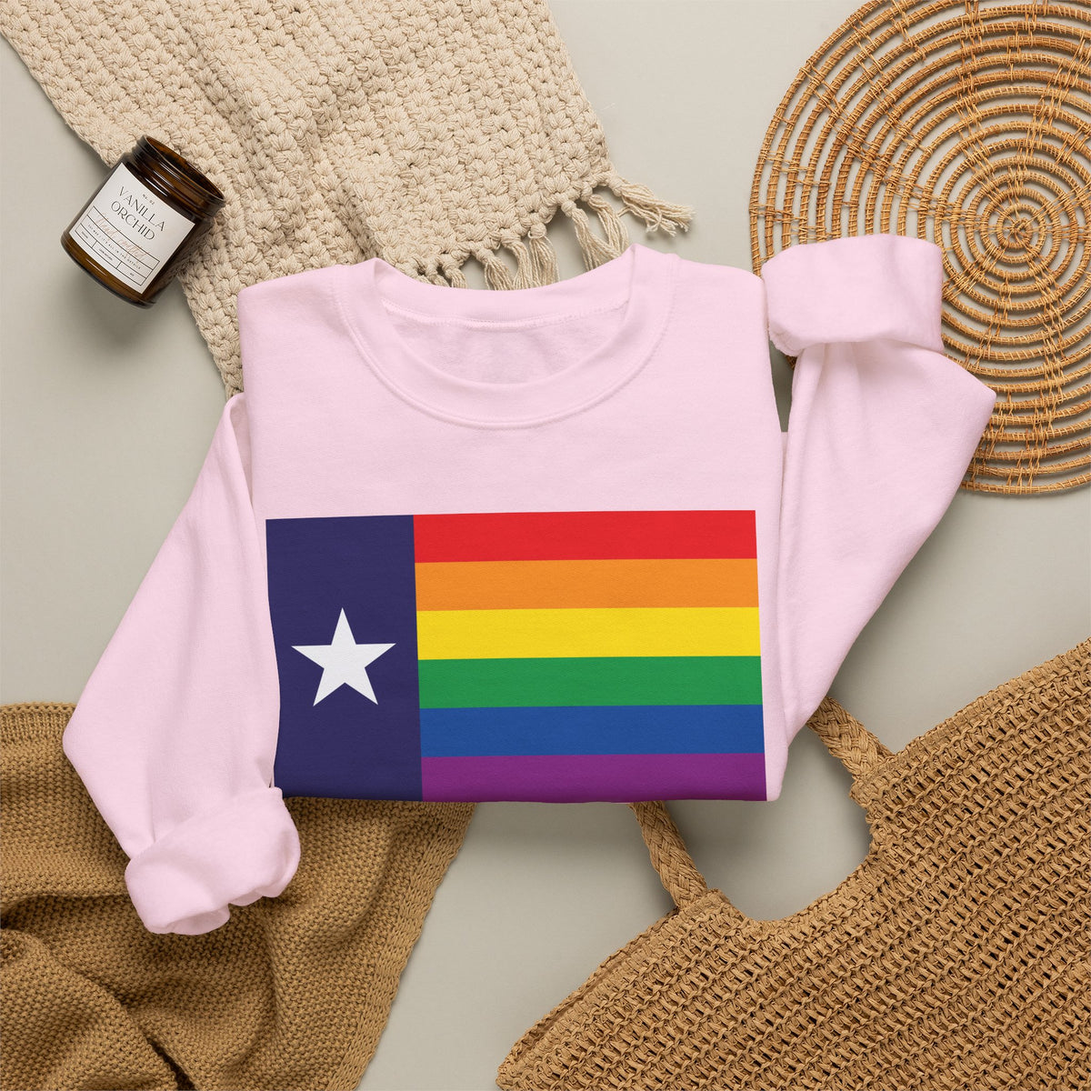 Texas Rainbow Pride Flag Unisex Crewneck Sweatshirt, White, Black or Light Pink