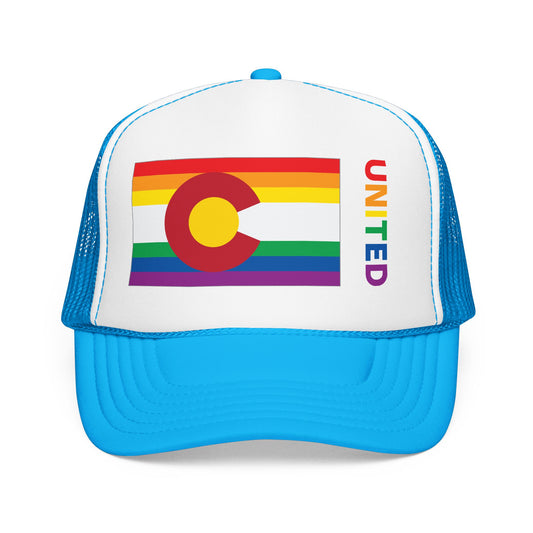 Colorado Rainbow Pride Flag "UNITED" Printed Foam Trucker Hat, Several Color Options
