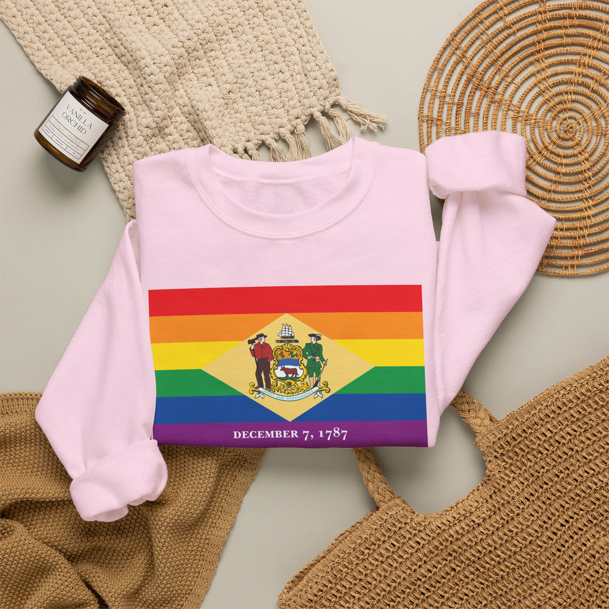 Delaware Rainbow Pride Flag Unisex Crewneck Sweatshirt, White, Black or Light Pink