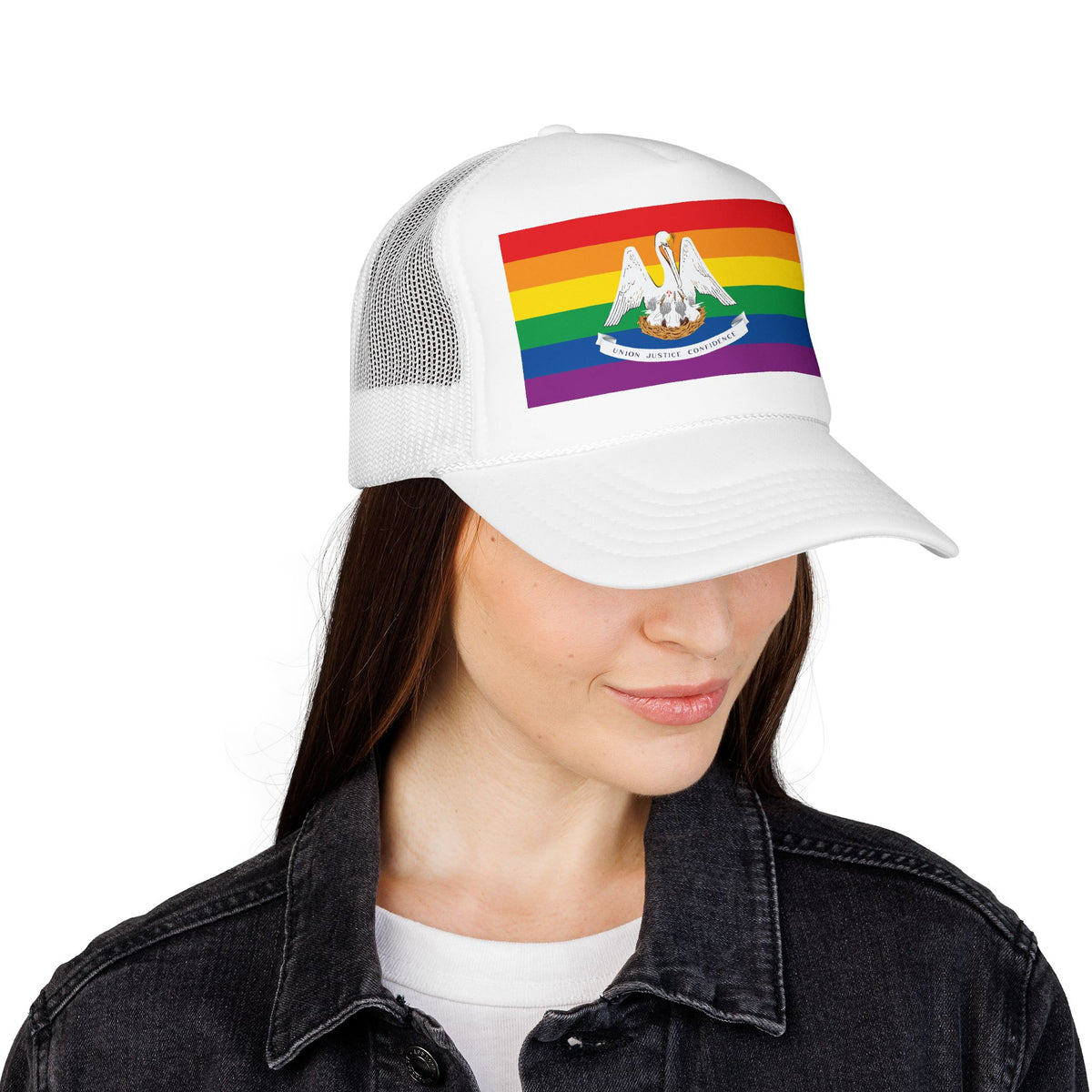Louisiana Rainbow Pride Flag "UNITED" Printed Foam Trucker Hat, Several Color Options