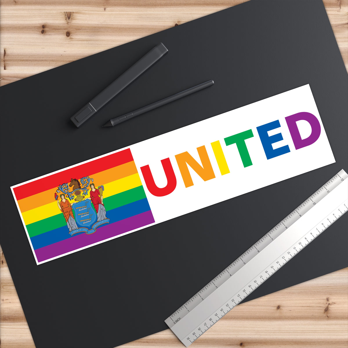 New Jersey Rainbow Pride Flag "UNITED" Bumper Sticker