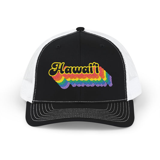 Hawai'i Retro Rainbow Stack Embroidered Trucker, Snapback Trucker Cap, Black front with White mesh in back