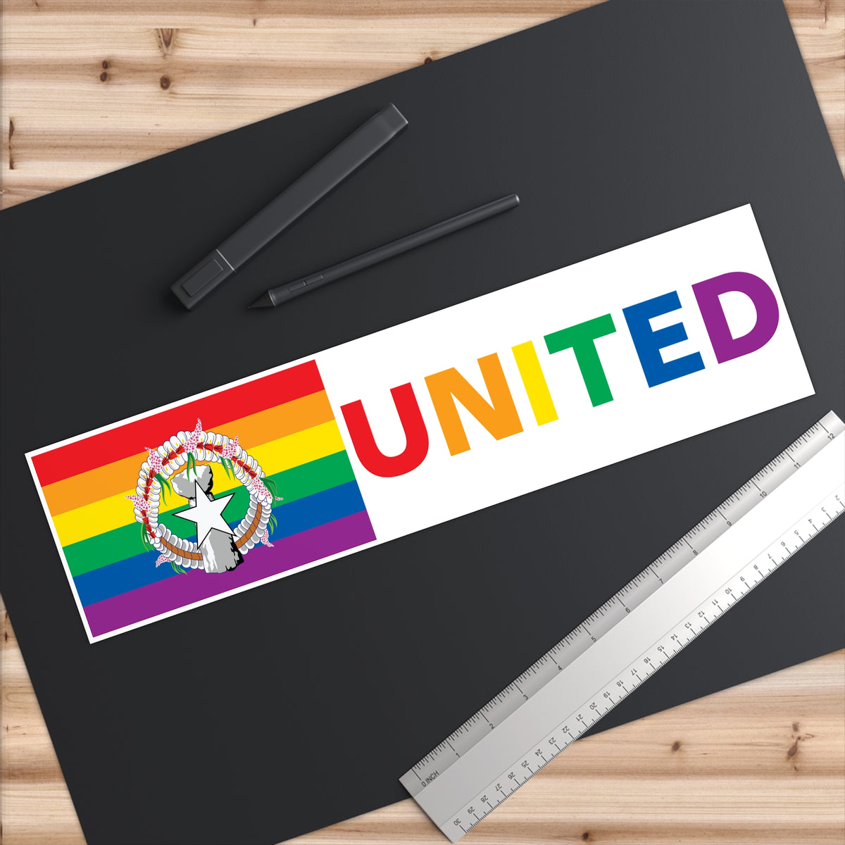 Northern Mariana Islands Rainbow Pride Flag "UNITED" Bumper Sticker