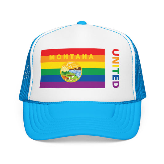 Montana Rainbow Pride Flag "UNITED" Printed Foam Trucker Hat, Several Color Options