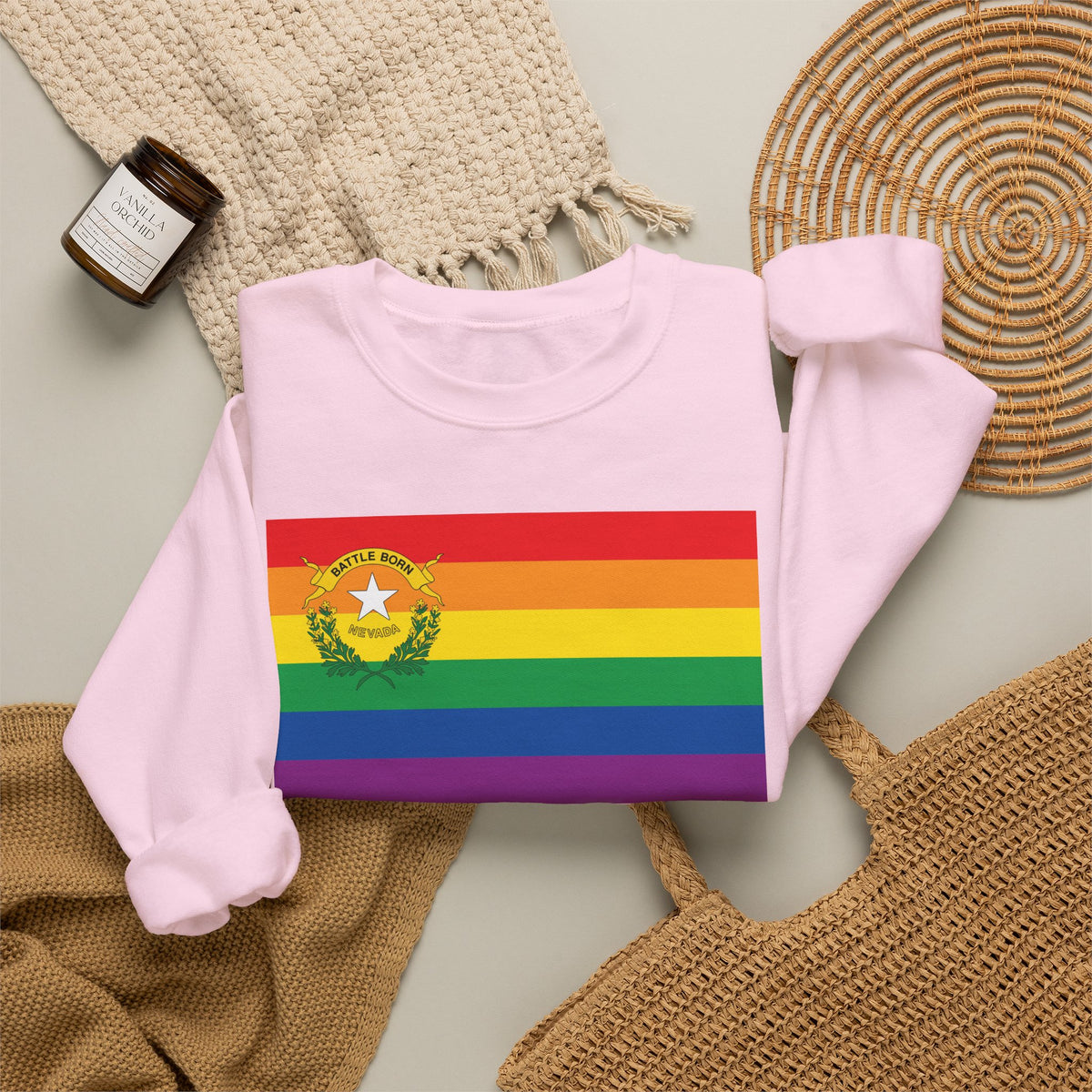 Nevada Rainbow Pride Flag Unisex Crewneck Sweatshirt, White, Black or Light Pink