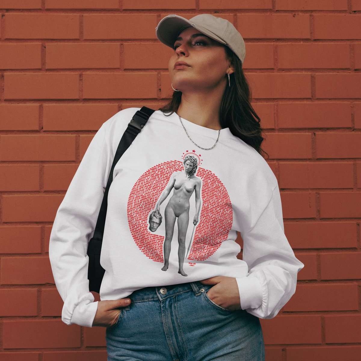 Feminist Manifesto 1914 Premium Heavyweight Long Sleeve Shirt - Red with Medusa Deco on Black or White