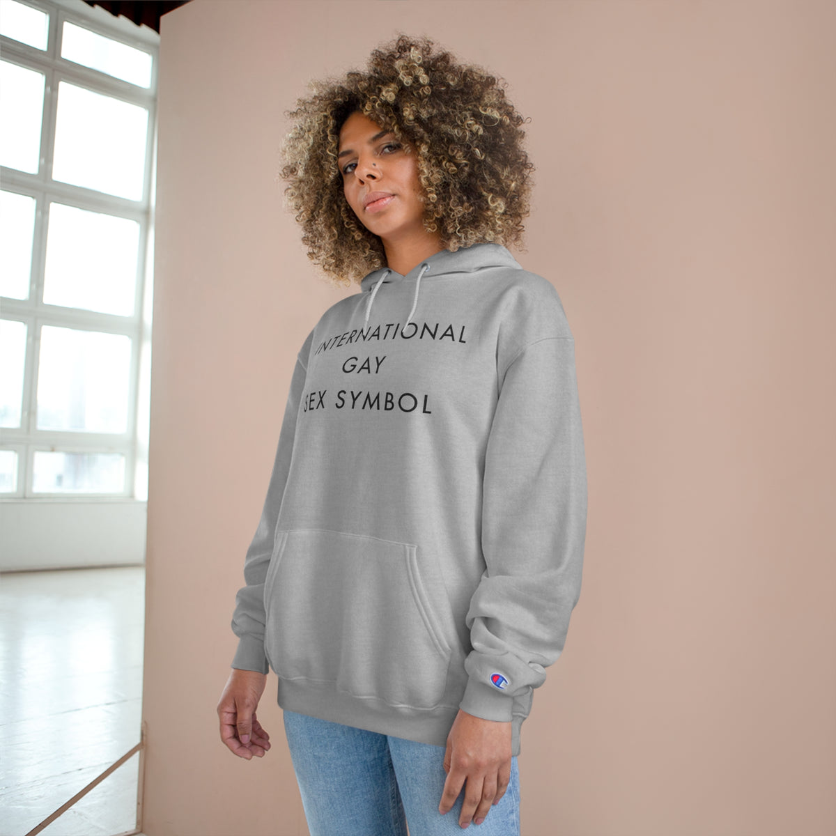 International Gay Sex Symbol Hoodie (Champion®) - White and Light Steel with Black Deco