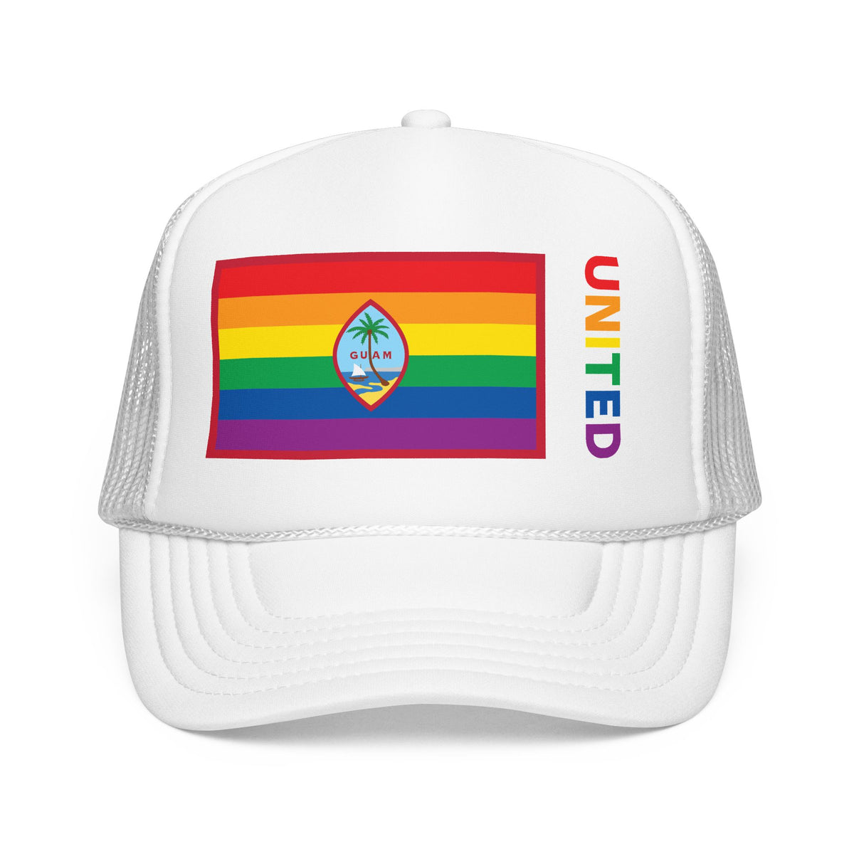 Guam Rainbow Pride Flag "UNITED" Printed Foam Trucker Hat, Several Color Options