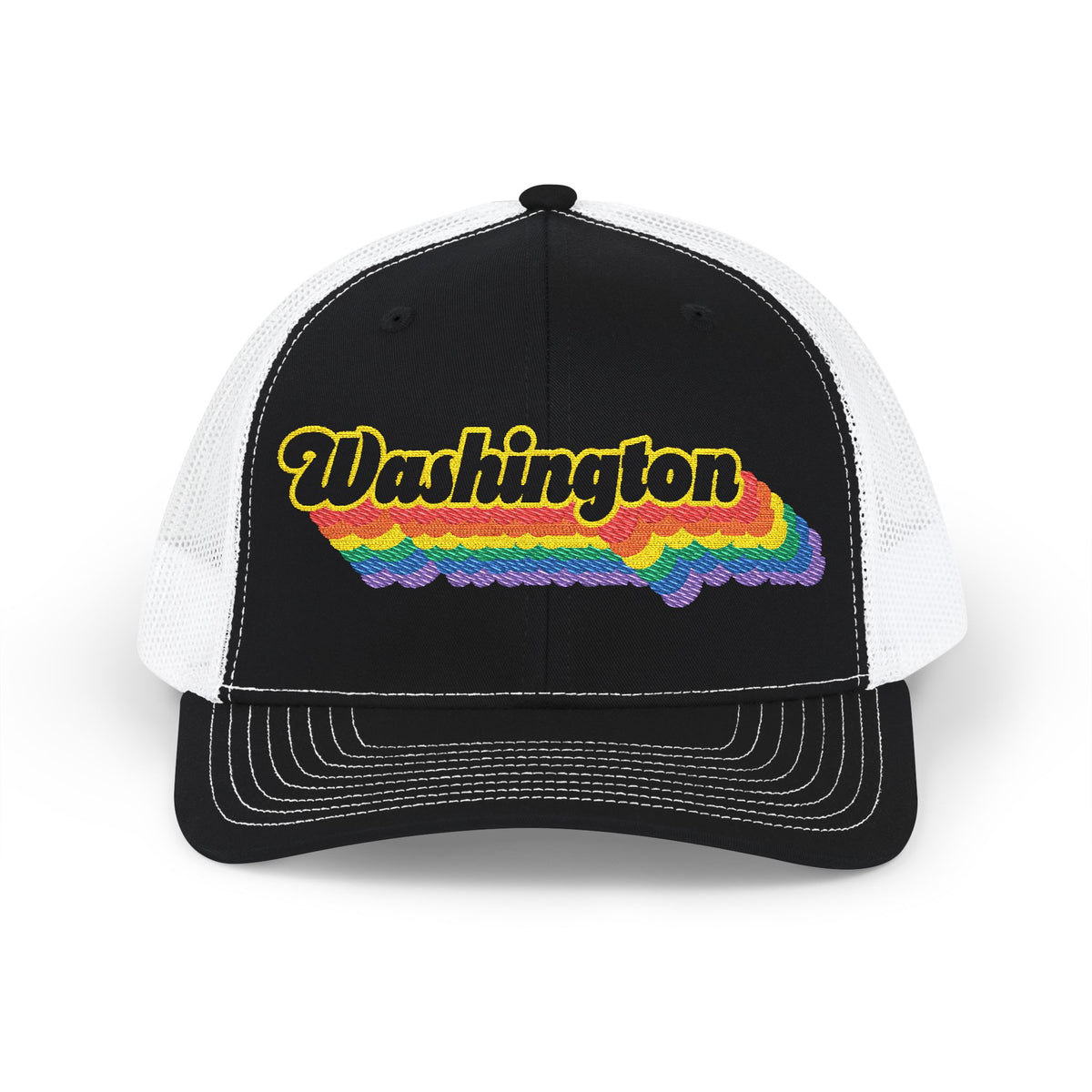 Washington Retro Rainbow Stack Embroidered Trucker, Snapback Trucker Cap, Black front with White mesh in back