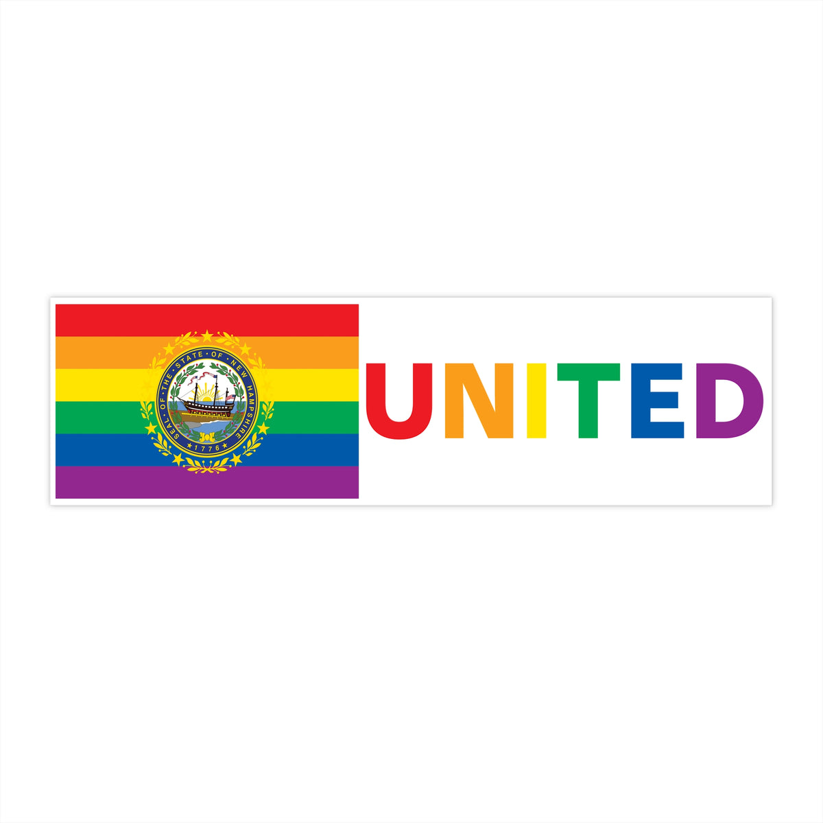 New Hampshire Rainbow Pride Flag "UNITED" Bumper Sticker