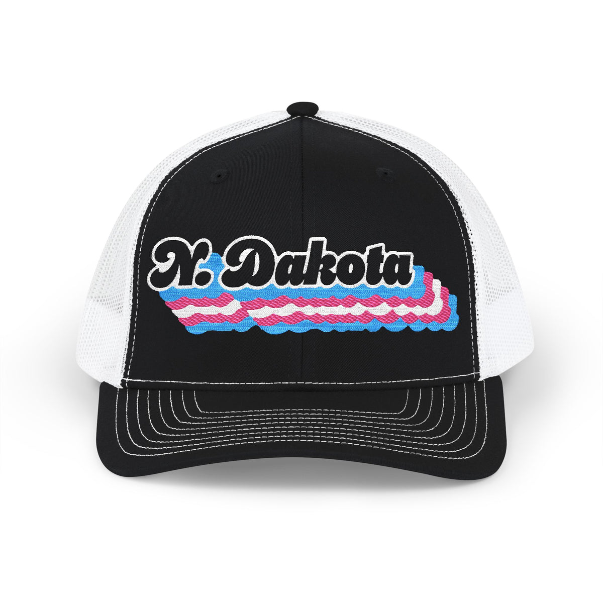 North Dakota Transgender Pride Stack Embroidered Trucker, Snapback Trucker Cap, Black front with White mesh in back