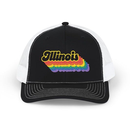 Illinois Retro Rainbow Stack Embroidered Trucker, Snapback Trucker Cap, Black front with White mesh in back