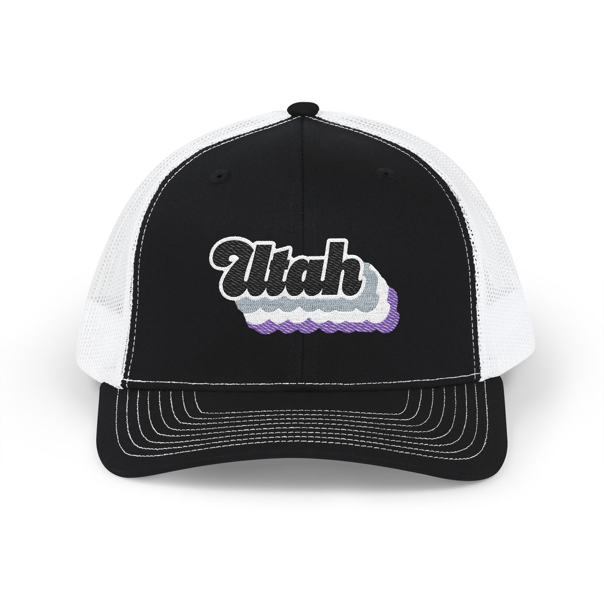 Utah Asexual Pride Stack Embroidered Trucker, Snapback Trucker Cap, Black front with White mesh in back